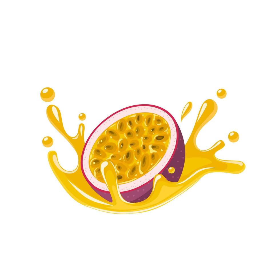 Vector illustration, passion fruit or Passiflora edulis, with splashes of juice, isolated on white background.