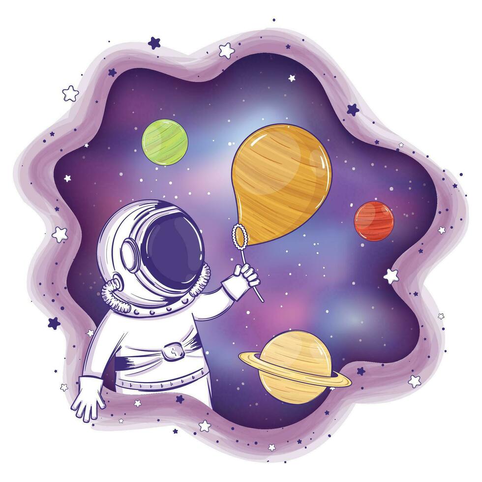 Colored astronaut cartoon with planet balloons Vector