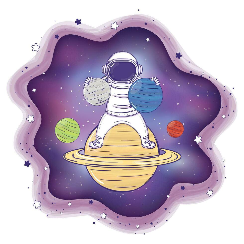 Colored astronaut cartoon character playing with planets Vector