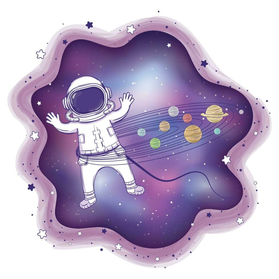 Colored astronaut cartoon character playing with planets Vector