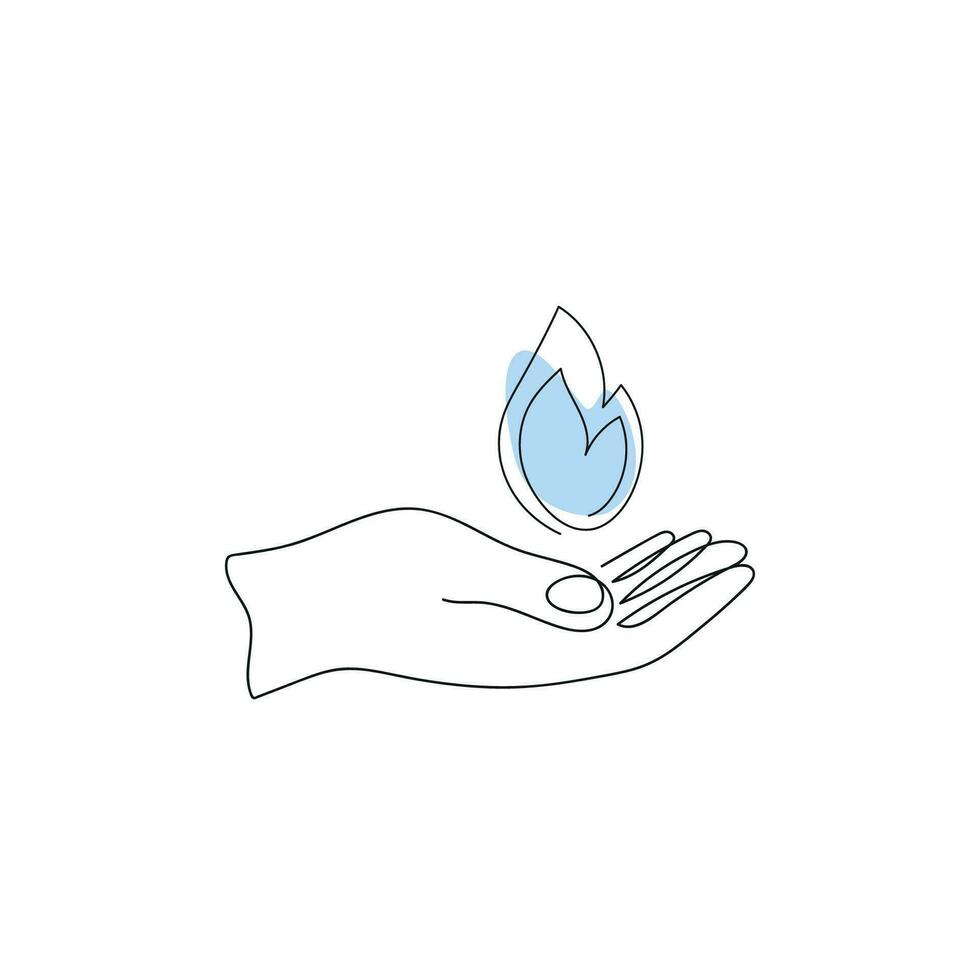 Hand holding gas symbol on white background. Black line of the hand with the image of gas symbol with blue color spot. Energy crisis. One line drawing, minimalism. Vector illustration.