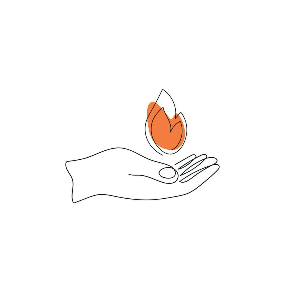 Hand holding symbol of fire on white background. Black line of the hand with the image of flame with orange color spot. One line drawing, minimalism. Vector illustration.
