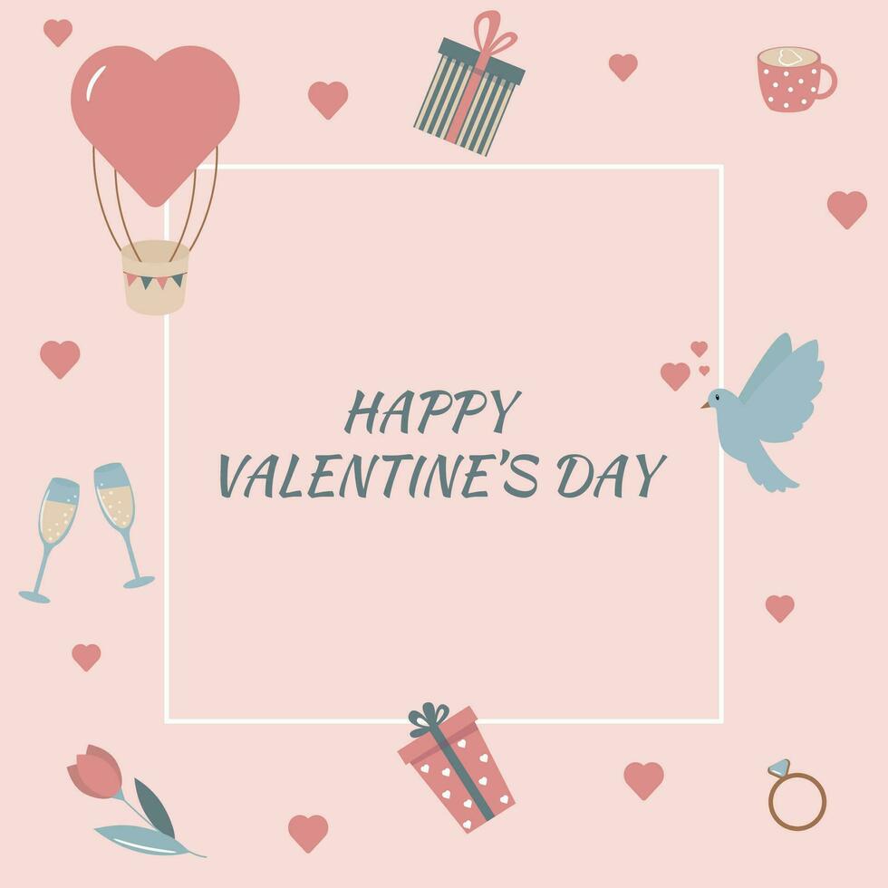 San Valentín día tarjeta en plano estilo. tradicional símbolos corazón, anillo, flor, regalos, paloma, globo, lentes y otros. vector ilustración