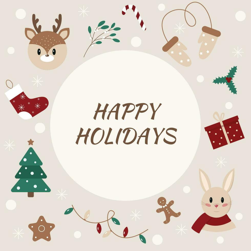 New Year or Christmas card with wish of Happy holidays. Cute festive elements on beige background with snowflakes. Vector illustration.