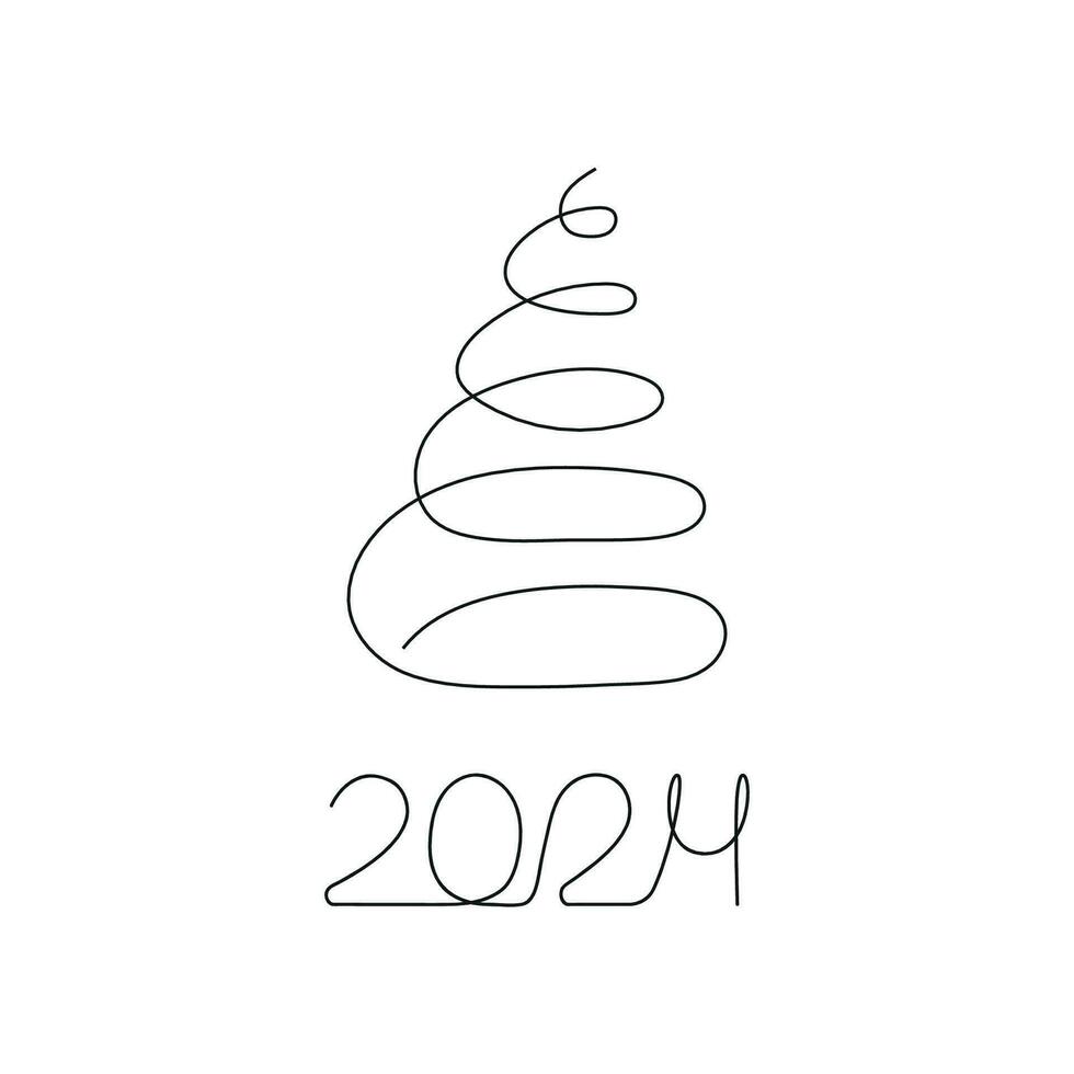 Christmas tree and inscription 2024 drawn in one continuous line. Greeting banner or postcard. Minimalist black linear sketch with color spots. Vector illustration.