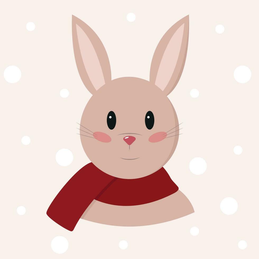 Cute rabbit in red scarf on beige background with snowflakes. Image for New year or Christmas card. Cartoon vector illustration.
