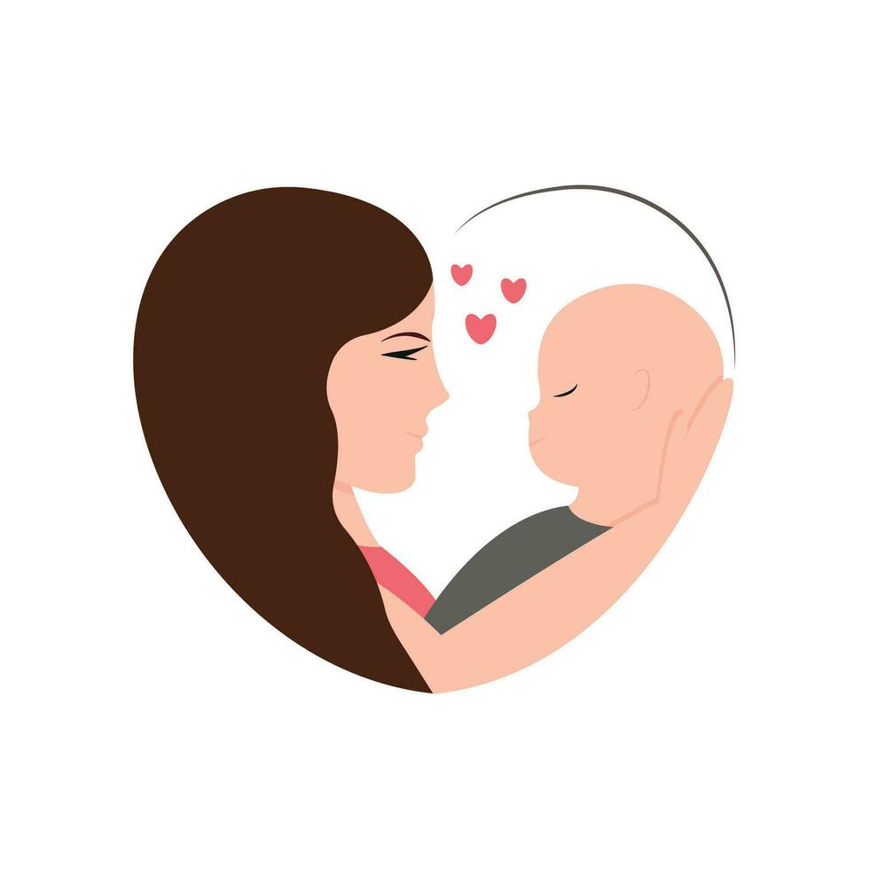 mamá sostiene bebé en su brazos dentro en forma de corazon silueta. de la madre día. vector ilustración