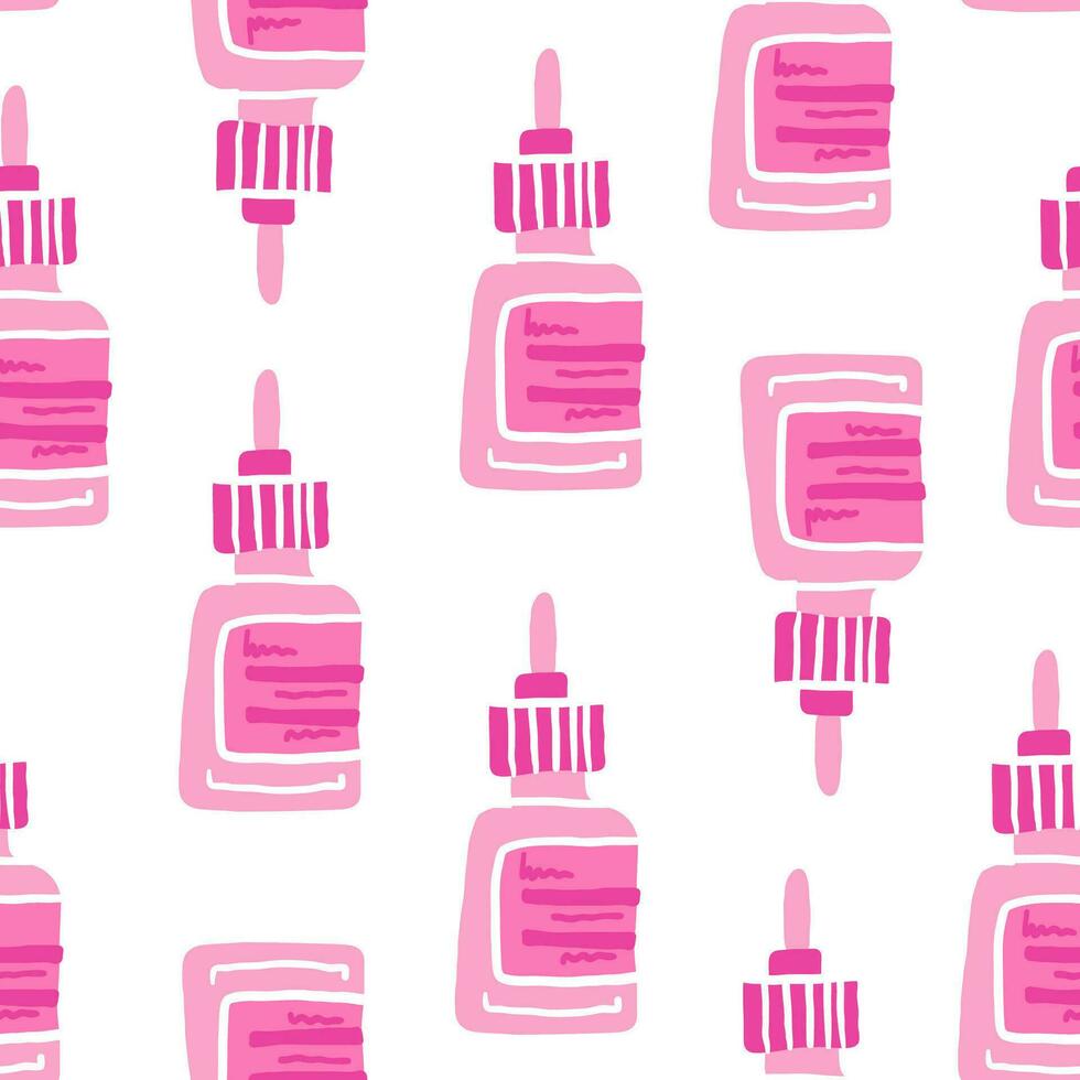 Vector seamless pattern of hand drawn doodle sketch oil essence pink bottle isolated on white background