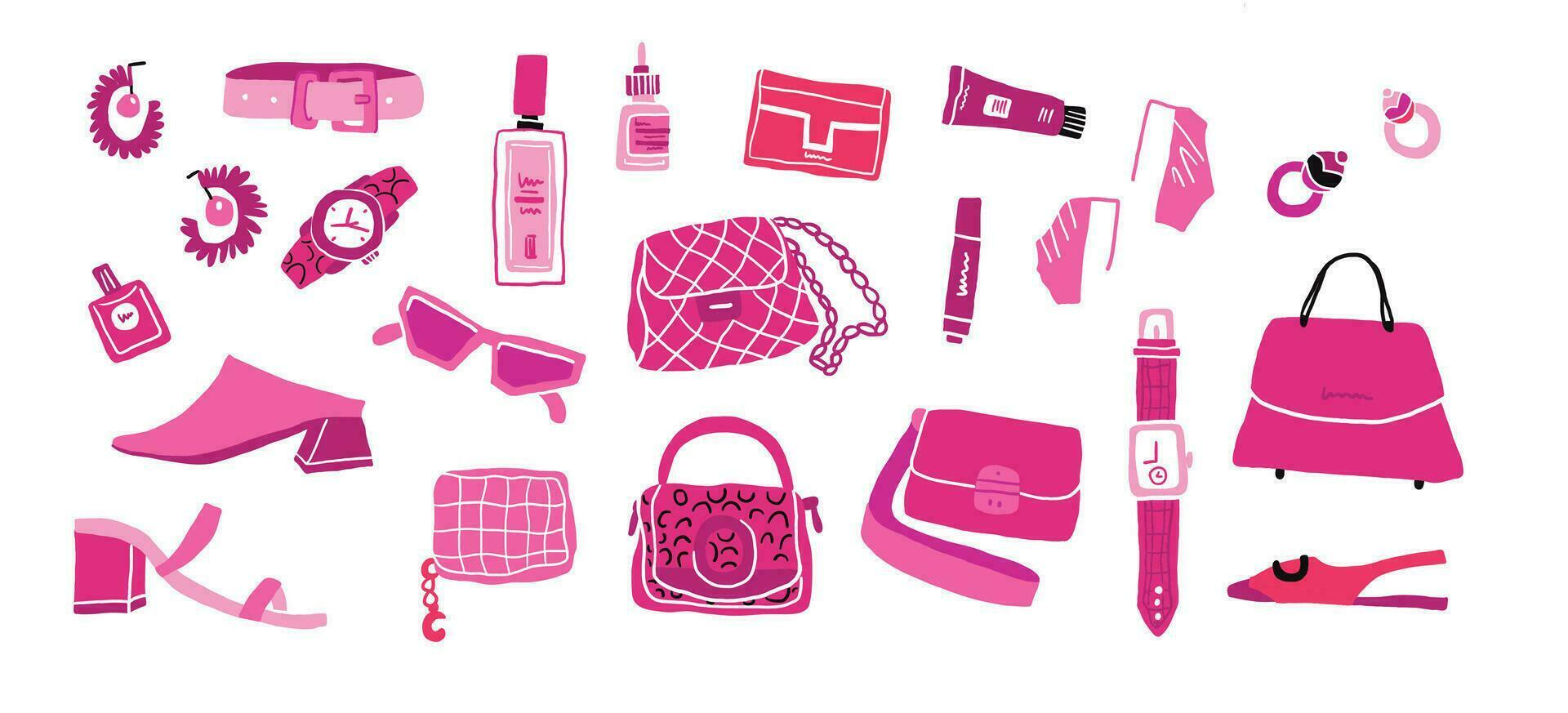 Glamorous trendy pink accessories set. Nostalgic pink 2000s style vector