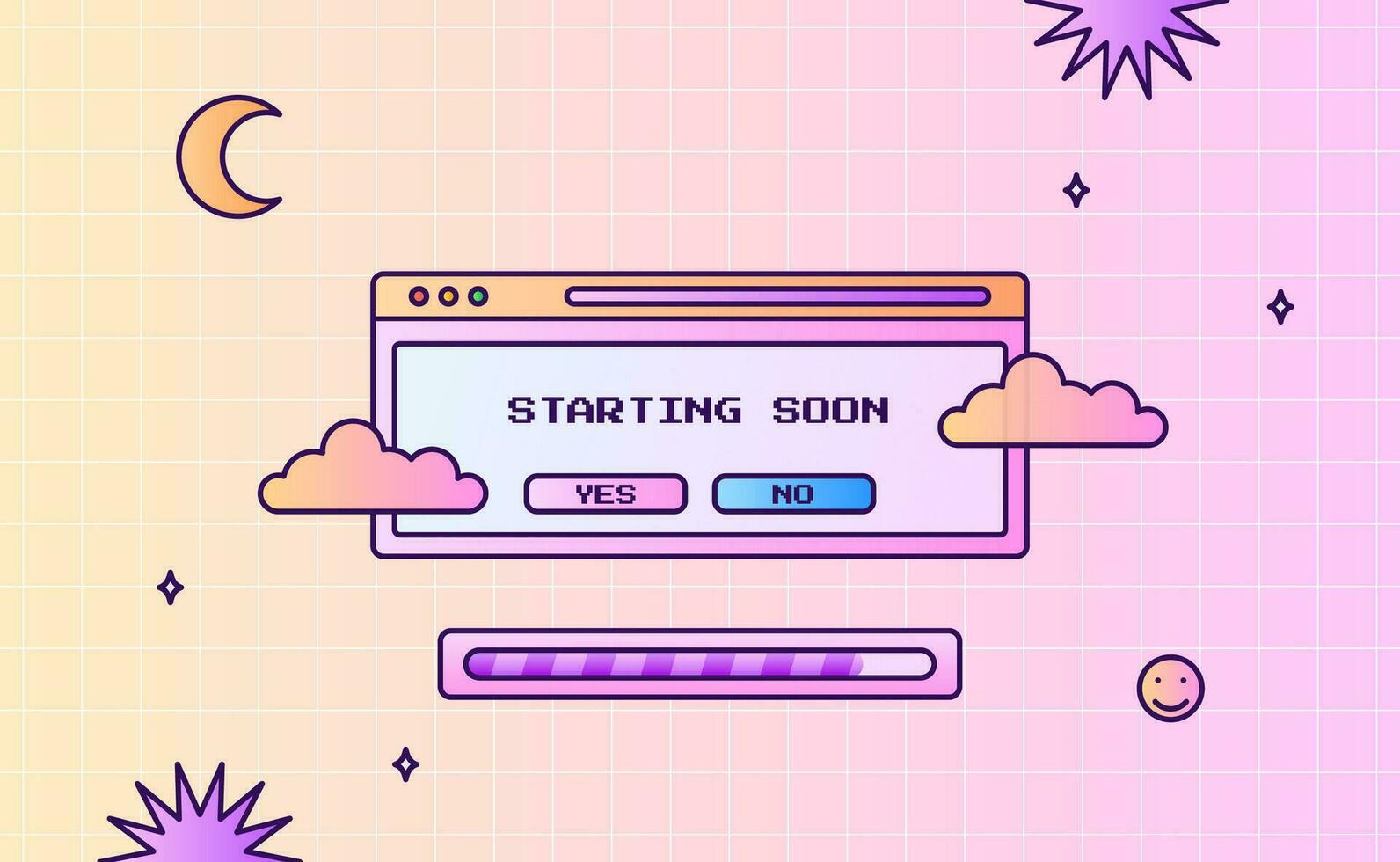 Stream starting soon offline screen ui layout modern pink purple gradient with cloud and window interface for gaming or streaming vector