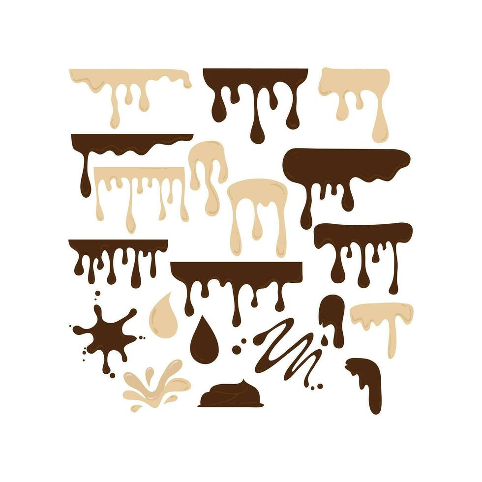 Hand Drawn Melting Choco Illustration. Chocolate drops and blots. Isolated seamless repeatable melted brown and white chocolate flow down vector