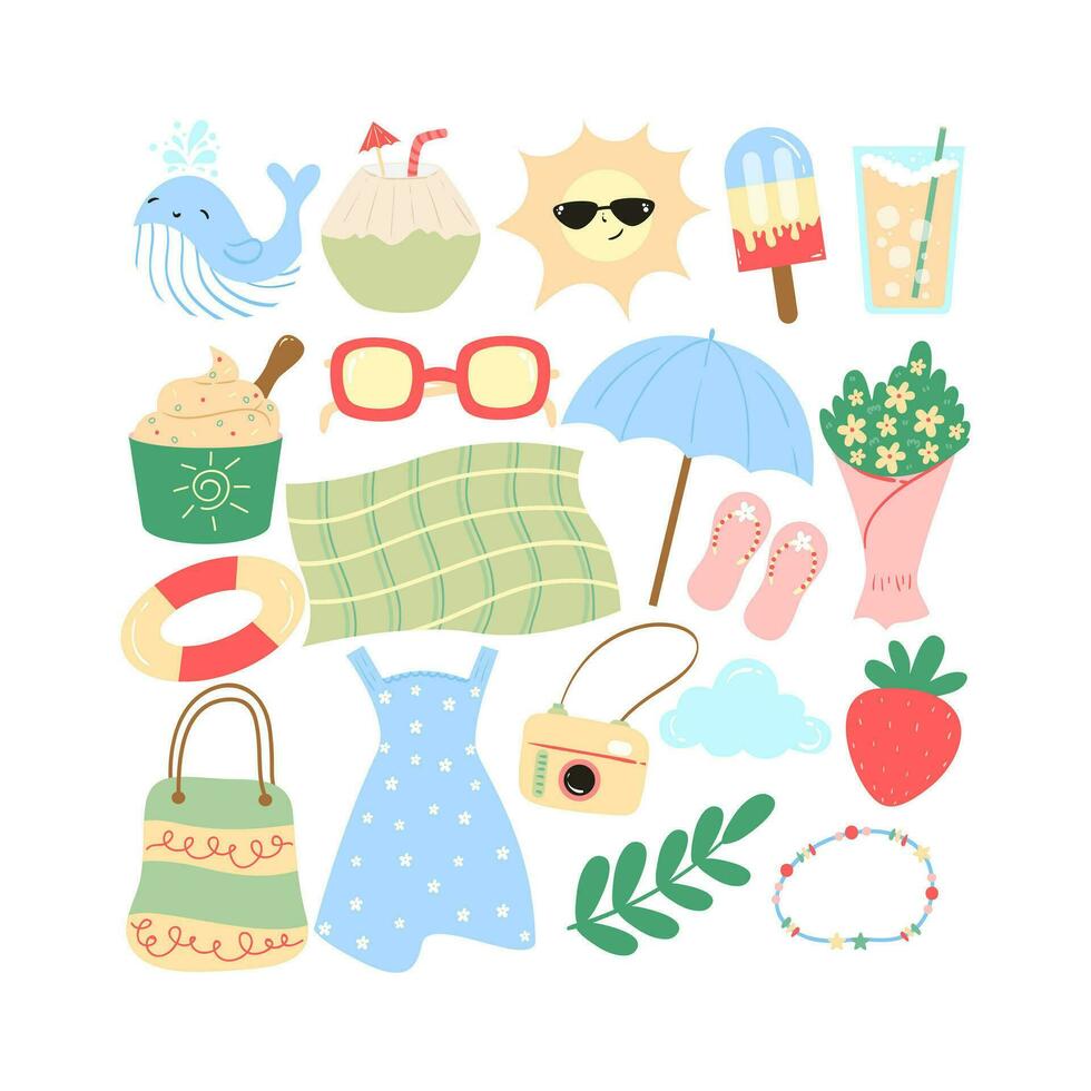 Summer Elements. Summer vector icon set for sticker. Icons, signs and banners. Bright summertime poster. Collection elements for summer holidays and party. Vector illustration