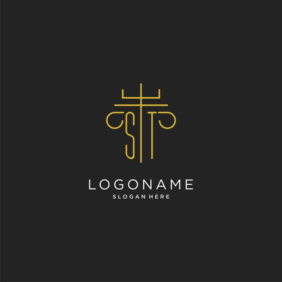 ST initial with monoline pillar logo style, luxury monogram logo design for legal firm vector