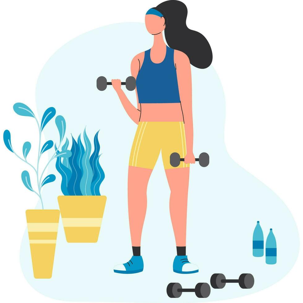 Sport exercise and gym web banner concept, human hands holding training equipment such as dumbbells, kettlebells and resistance band, time to fitness workout and healthy lifestyle vector