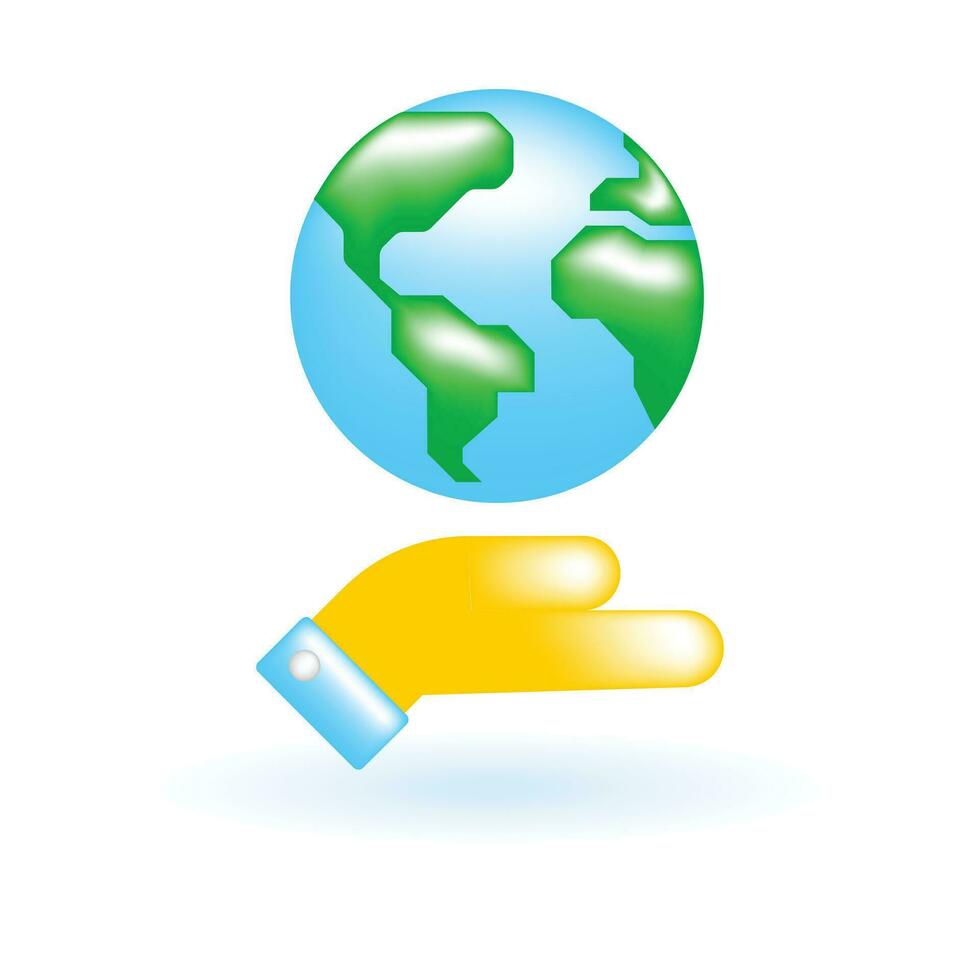 3D Hand Holds Earth Planet World Globe Icon. Eco Sustainability Environment Concept. Glossy Glass Plastic Color. Cute Realistic Cartoon Minimal Style. 3D Render Vector Icon UX UI Isolated Illustration