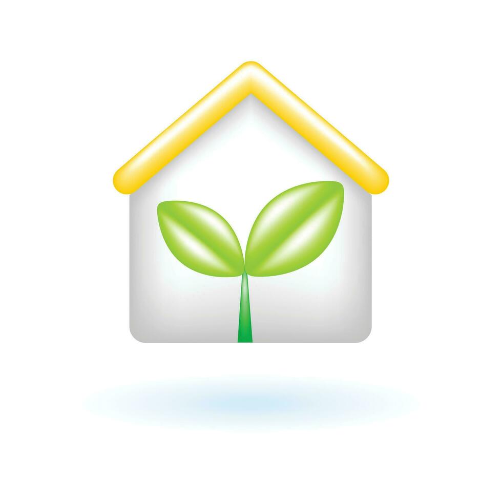 3D Green Eco House Eco Home Plant Icon. Eco Sustainability Environment Concept. Glossy Glass Plastic Color. Cute Realistic Cartoon Minimal Style. 3D Render Vector Icon UX UI Isolated Illustration.
