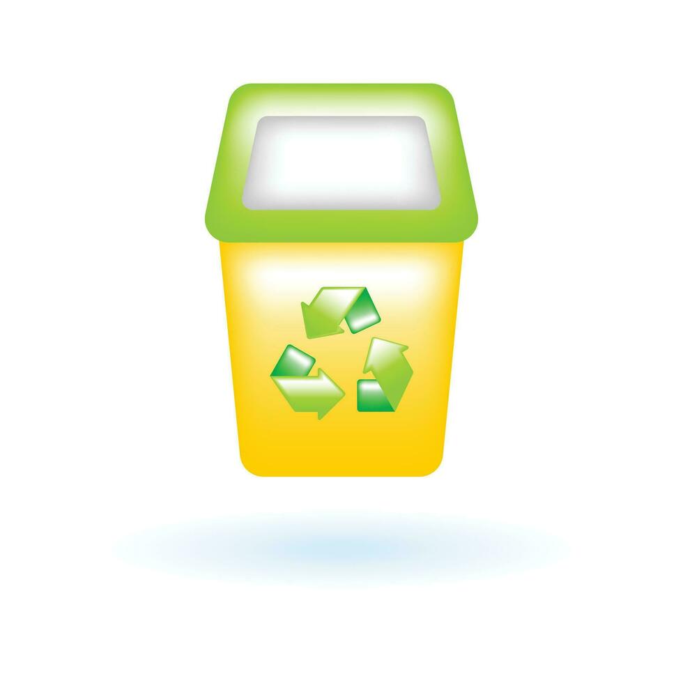 3D Recycle Bin Trash Can Garbage Icon. Eco Sustainability Environment Concept. Glossy Glass Plastic Color. Cute Realistic Cartoon Minimal Style. 3D Render Vector Icon UX UI Isolated Illustration.