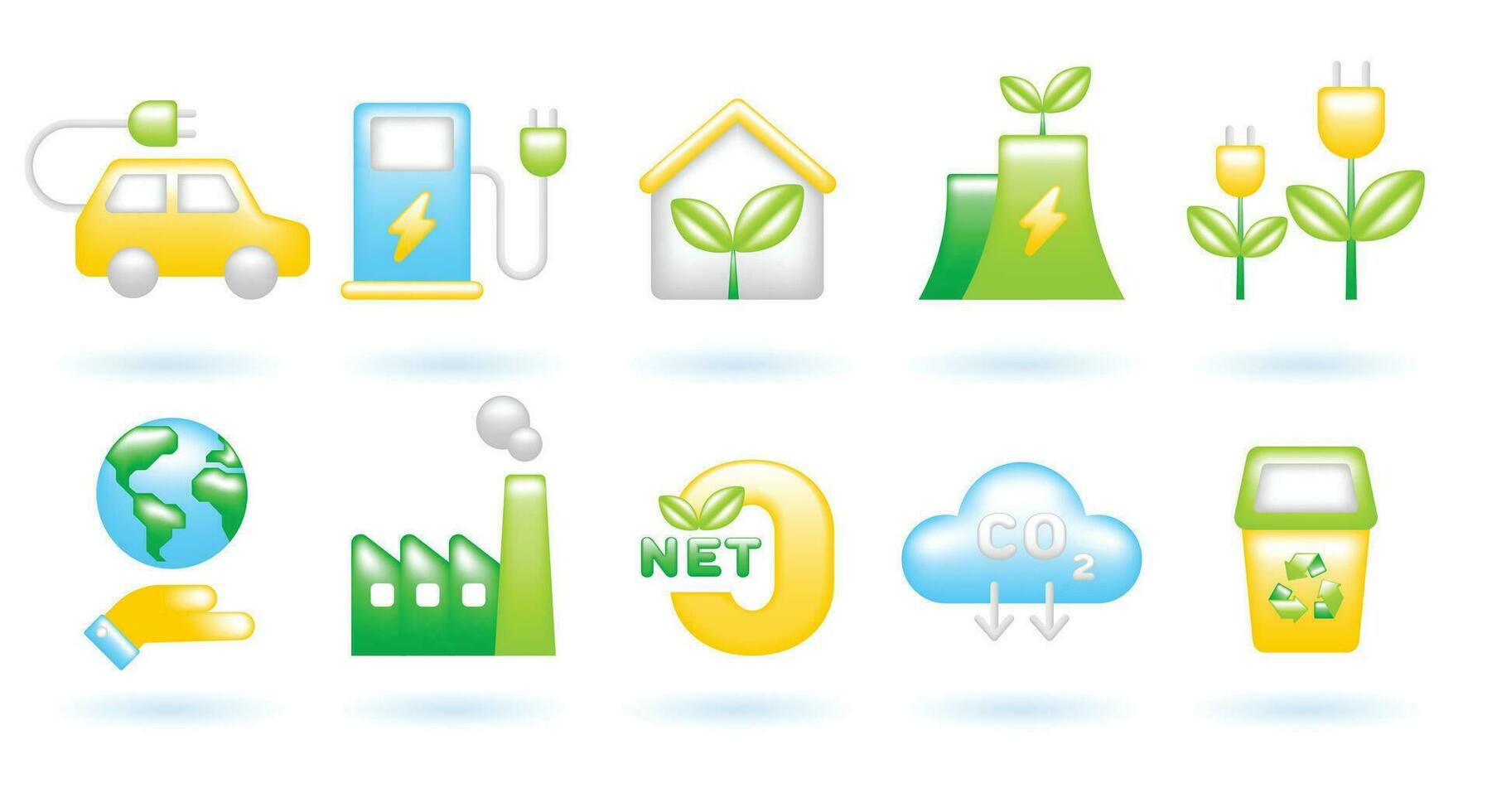 3D Icon Set of Ecology Sustainability Environment Concept. EV, Charge Station, Eco House, Power Plant, Plug, Net Zero, CO2. Cute Realistic Cartoon Minimal. 3D Render Vector Icons Isolated Illustration