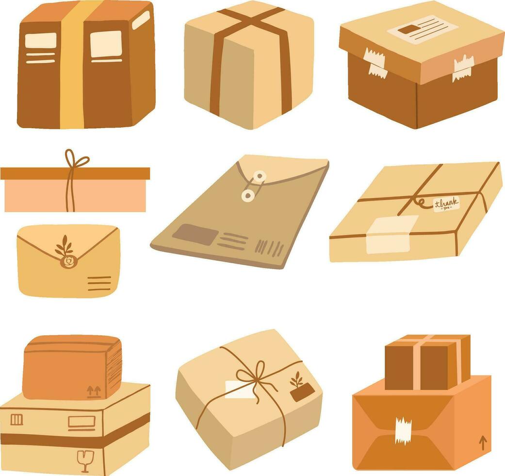 Set Collection Carton cardboard box delivery package shipping Illustration vector