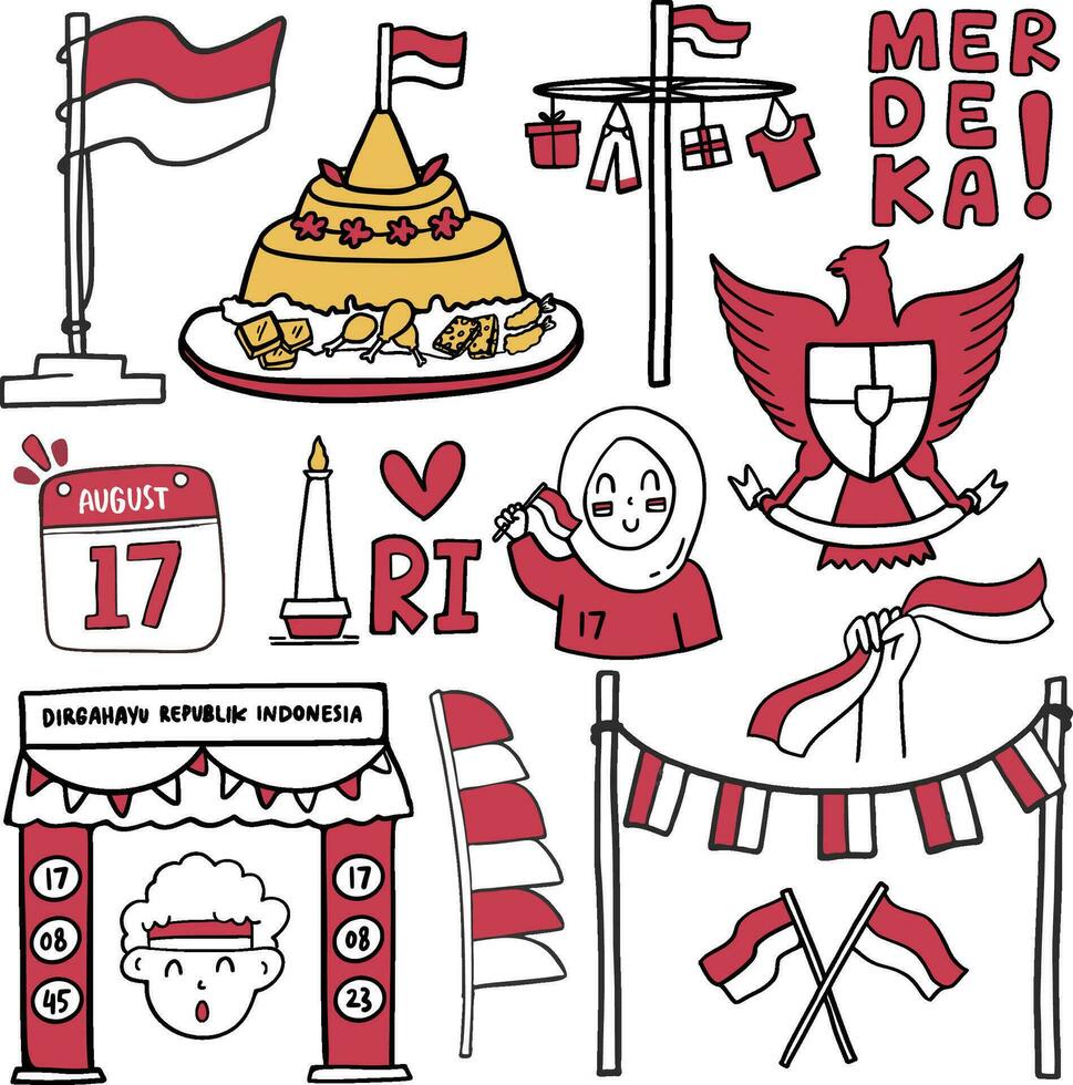 conjunto colección dibujado a mano Indonesia independencia día ilustración vector