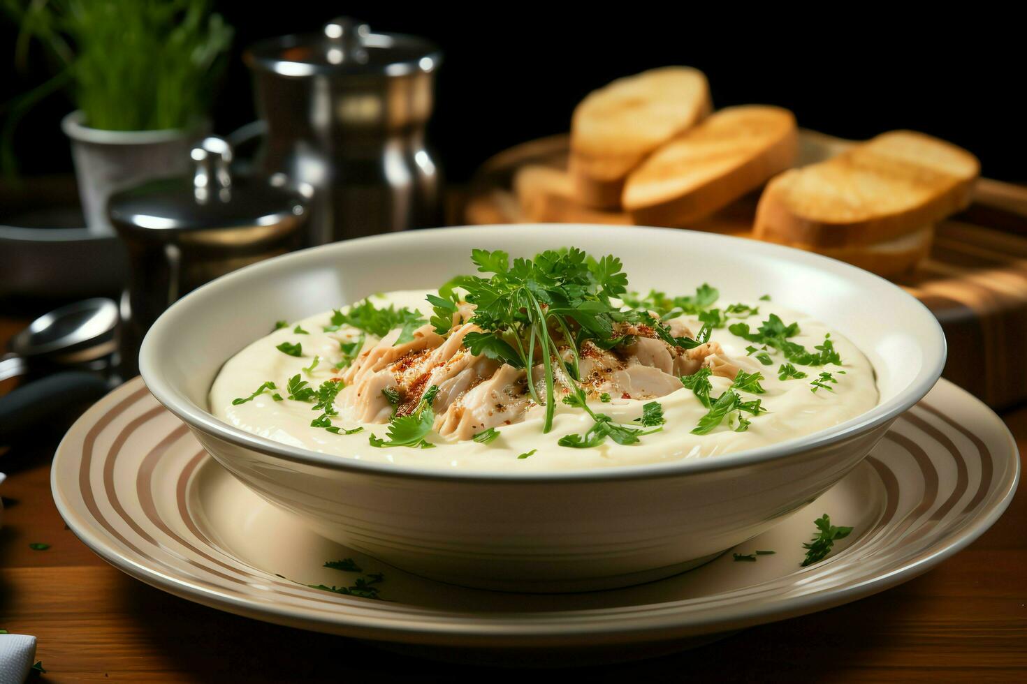 A delicious chicken soup food with vegetables in a bowl. Winter food and high protein soup meal concept by AI Generated photo