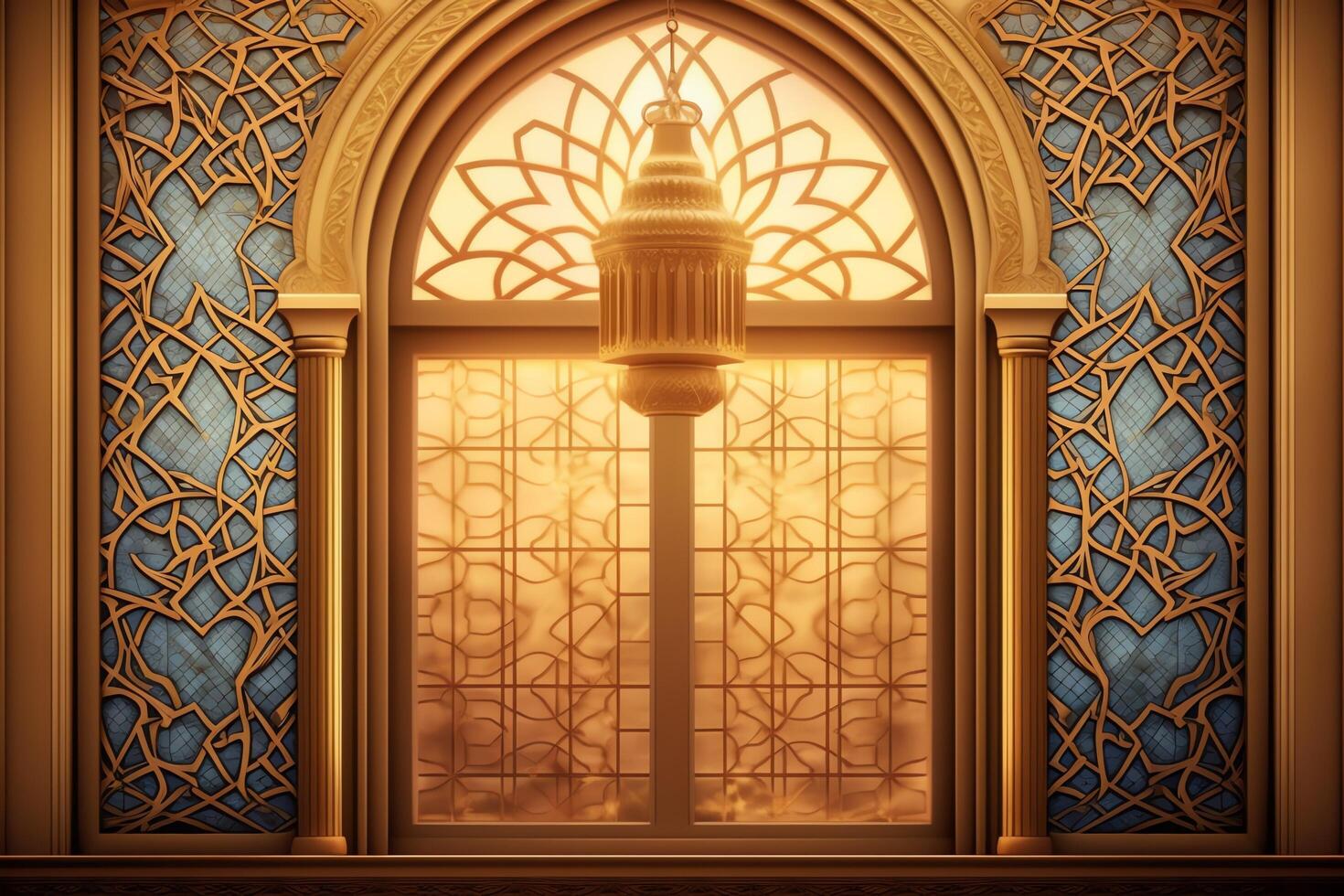 Eid mubarak and ramadan kareem greetings with islamic lantern and mosque. Eid al fitr background. Eid al fitr background of window concept by photo