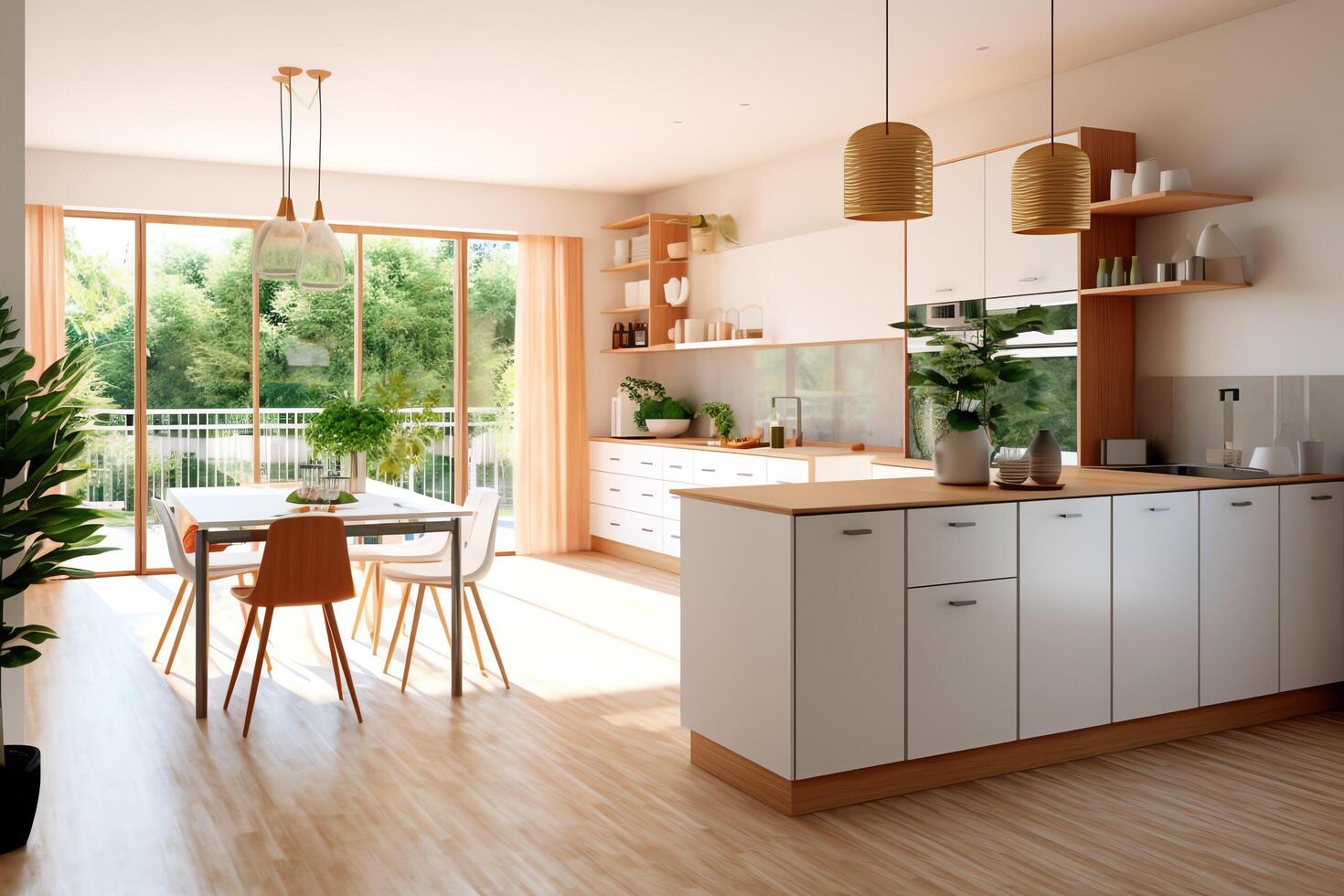 Modern kitchen interior design in apartment or house with furniture