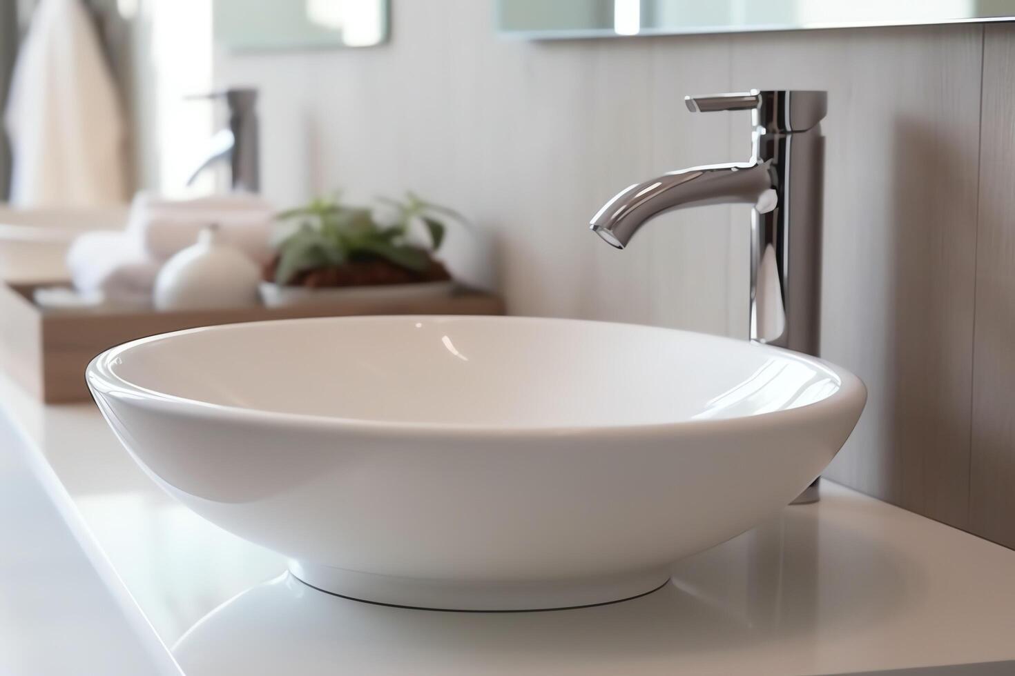 Modern public bathroom with row of white ceramic wash sink basins and faucet with mirror in restroom concept by AI Generated photo