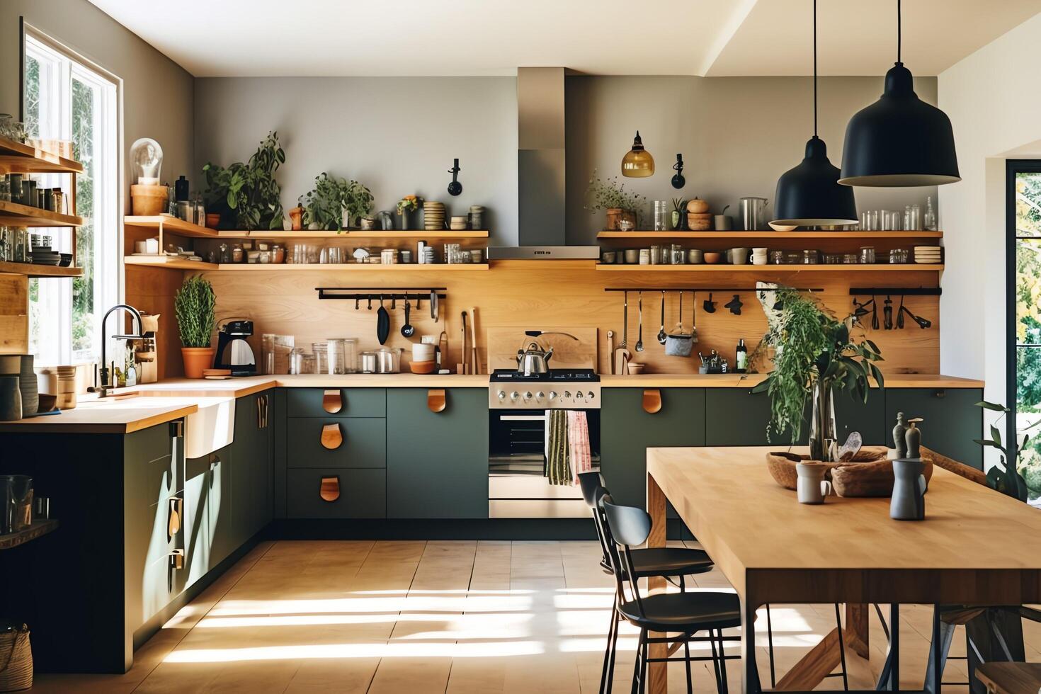 moderno cocina interior diseño en Departamento o casa con mueble. lujo cocina hogar escandinavo concepto por ai generado foto