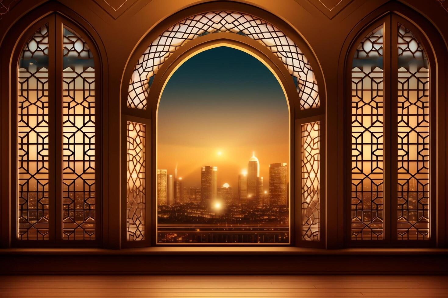 Eid mubarak and ramadan kareem greetings with islamic lantern and mosque. Eid al fitr background. Eid al fitr background of window concept by photo