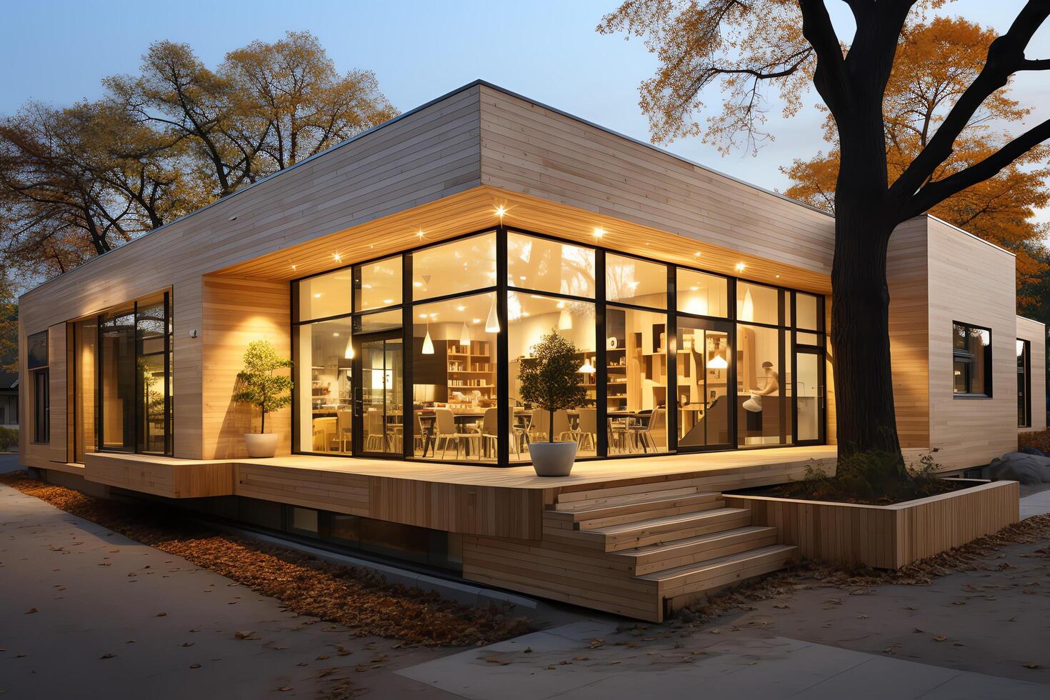 View of early childhood learning building. Design with modern exterior made of wood and a flat roof concept by photo