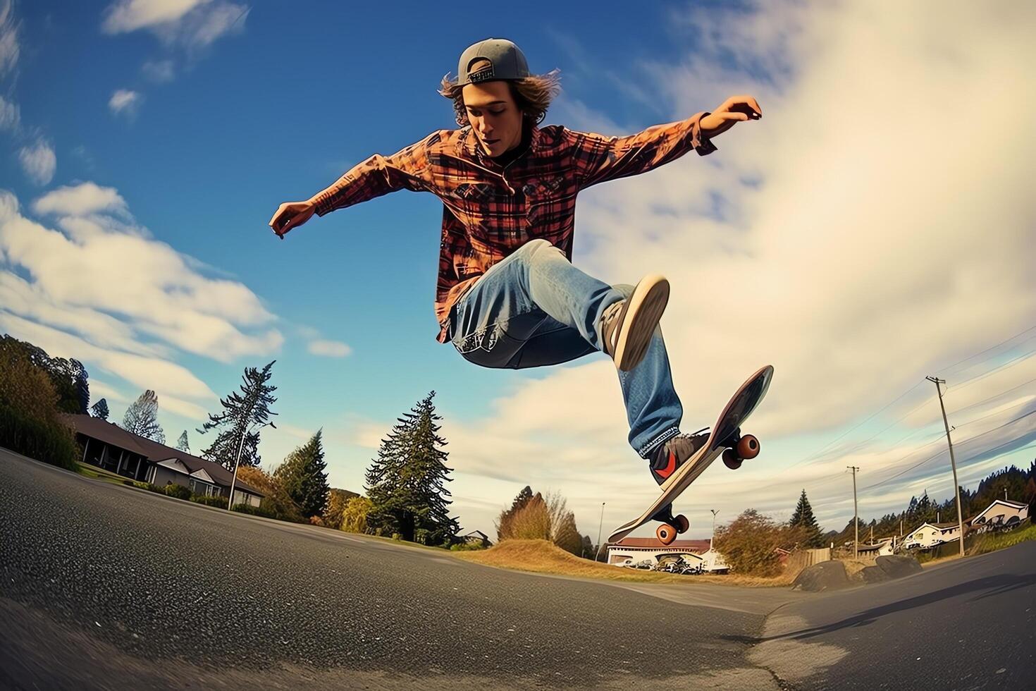 un caucásico hombre haciendo trucos o saltando en un patineta a el calle. joven hombre con patinador saltando concepto por ai generado foto