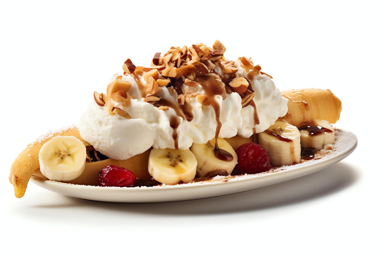 A delicious Banana split ice cream dessert with chocolate syrup. Banana split ice cream dessert by photo