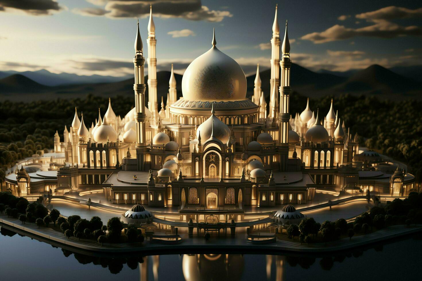 Awesome buildings of mosque in ramadan vibes. Ramadan kareem eid mubarak islamic mosque concept by AI Generated photo