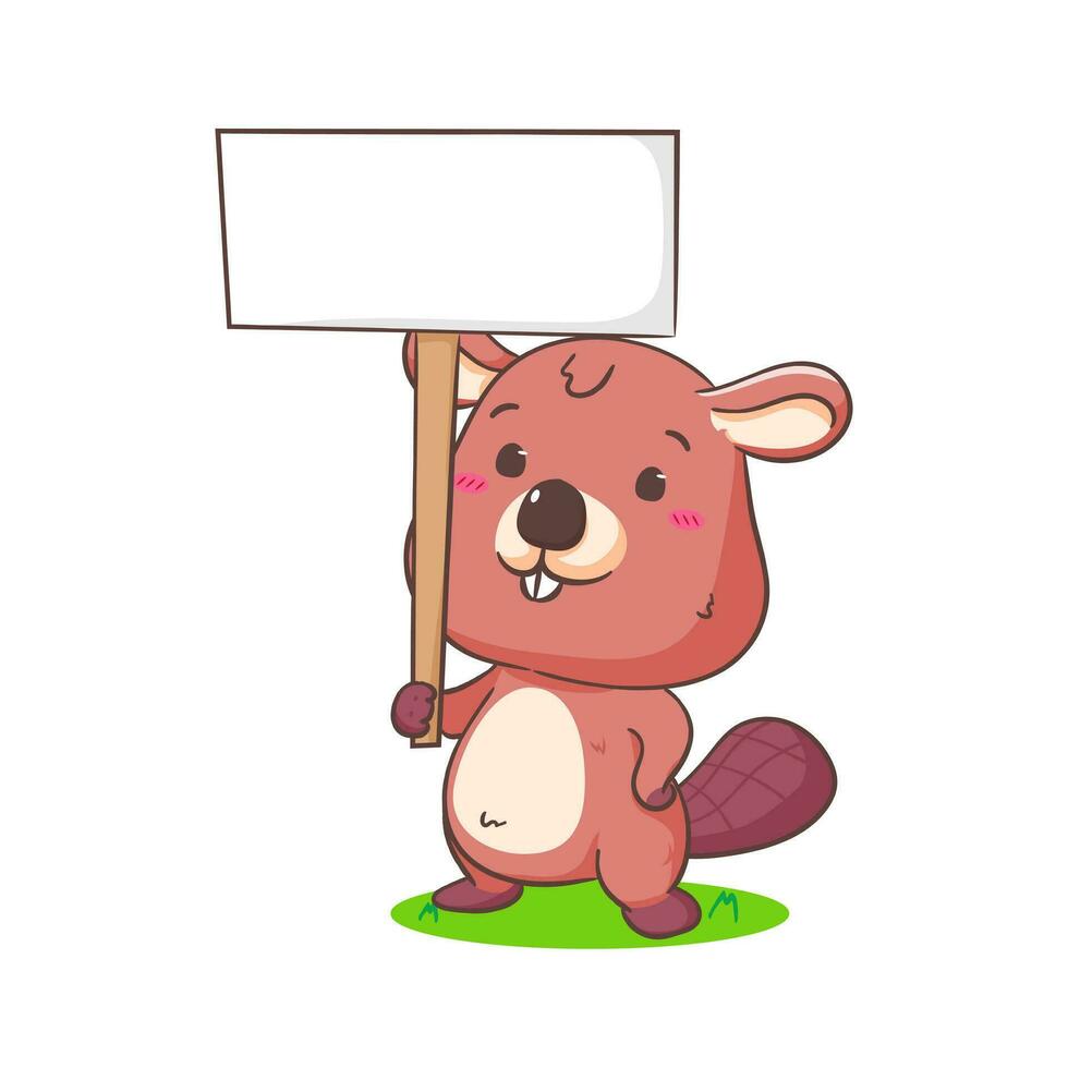 Cute Beaver Cartoon Character holding empty board Mascot vector illustration. Kawaii Adorable Animal Concept Design. Isolated White background.