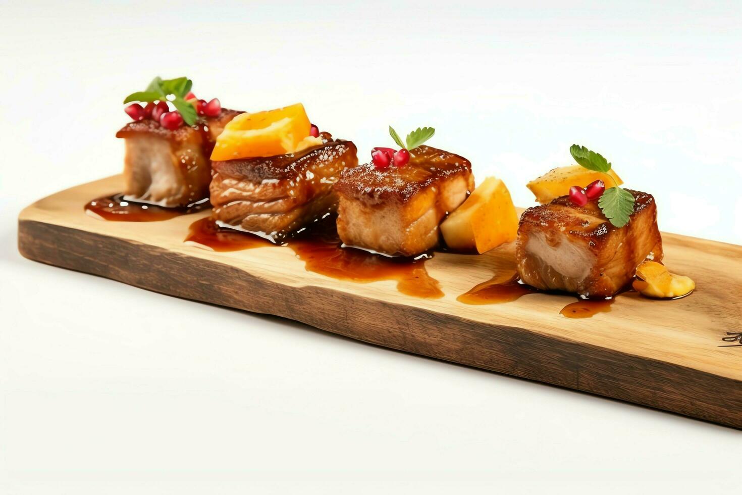 Pork belly braaivleis with mango and chili sauce served on a wooden plank. Restaurant food concept by AI Generated photo