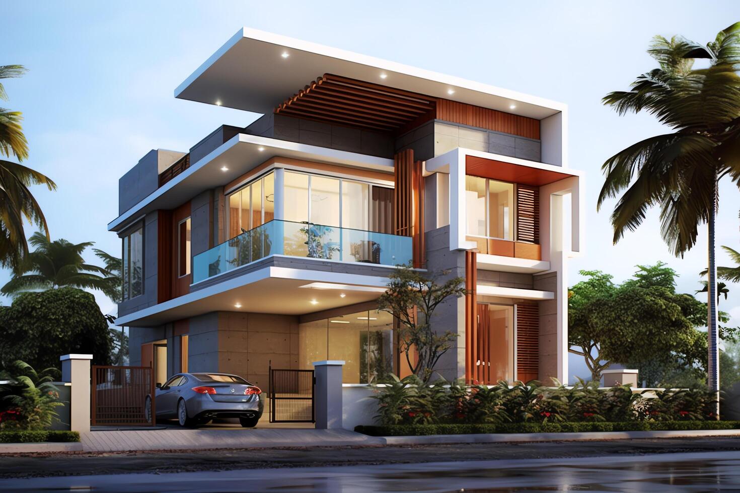 Beautiful modern house exterior with carport. Modern residential district and minimalist building concept by photo