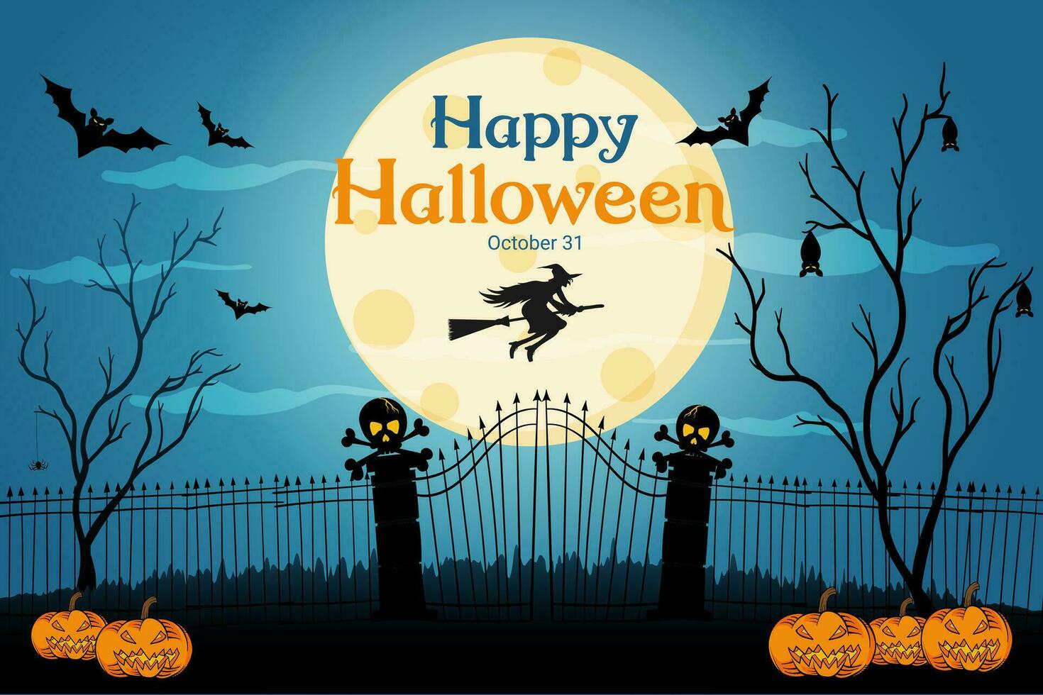 blue gradient halloween greeting banner with bat and moon vector