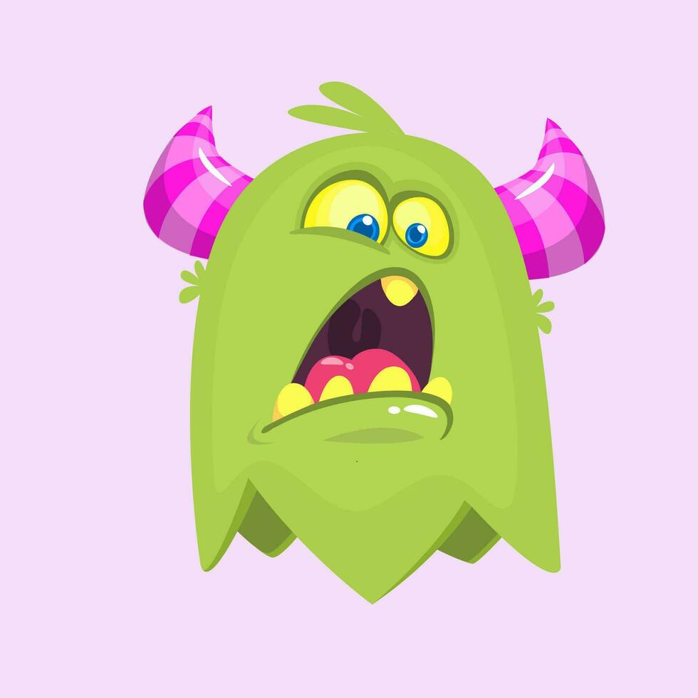 Cute small scared cartoon monster. Satisfied green monster emotion. Halloween vector illustration