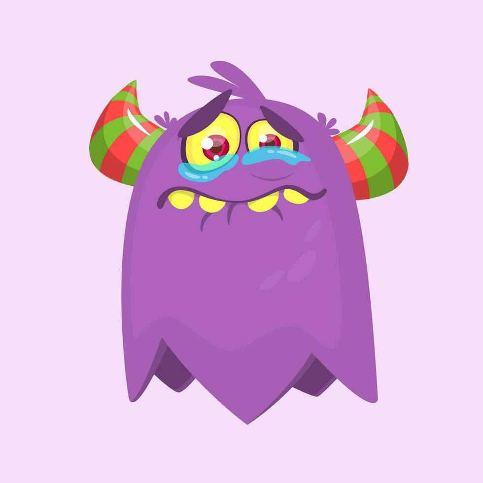 Cute cartoon monster with horns . Crying monster emotion. Halloween vector illustration