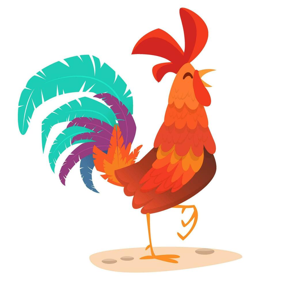 Fat cartoon rooster. Colorful vector illustration of singing rooster