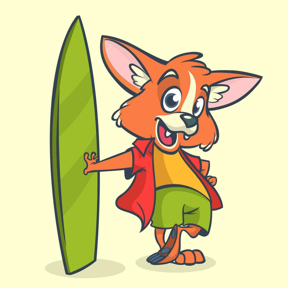Cartoon fox surfer with surfboard. Vector illustration