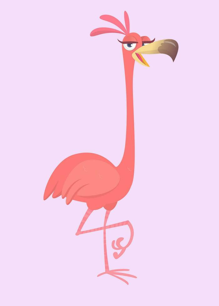 Cool carton pink flamingo bird. Vector illustration isolated. Poster design of sticker