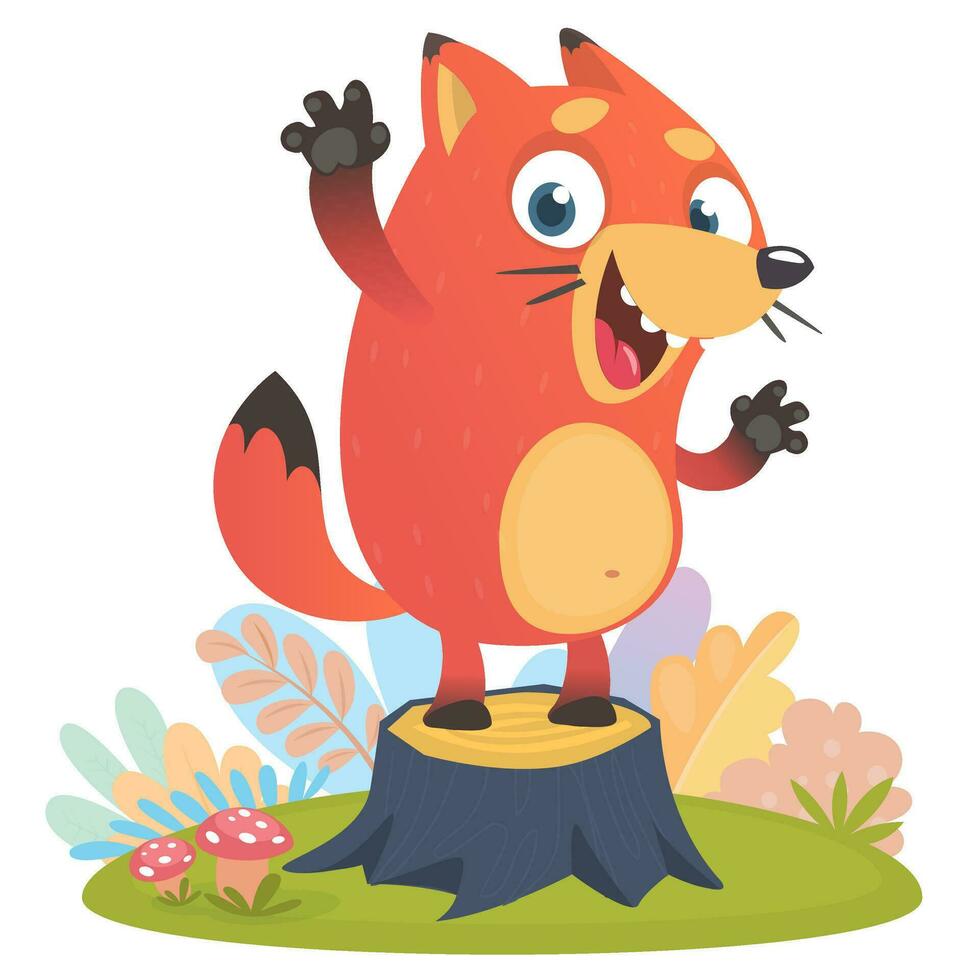 Cartoon cool little fox standing and waving on tree stump vector