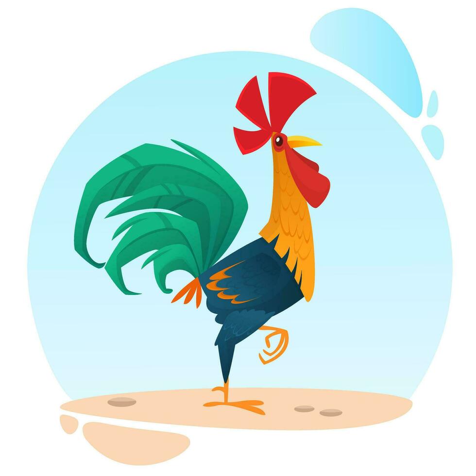 Fat cartoon rooster. Colorful vector illustration of singing rooster