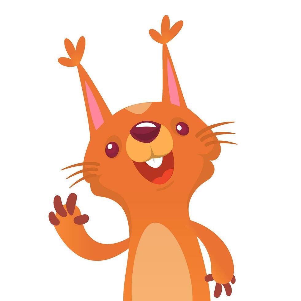 Cute cartoon squirrel presenting and waving hand. Vector illustration.