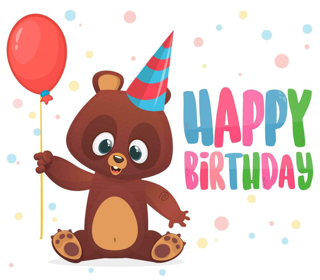 Cartoon bear holding a red balloon. Happy birthday greetings postcard vector