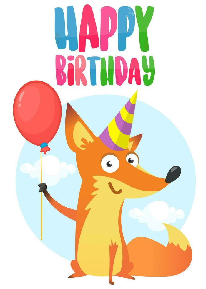 Funny cartoon fox holding red balloon and birthday party hat vector