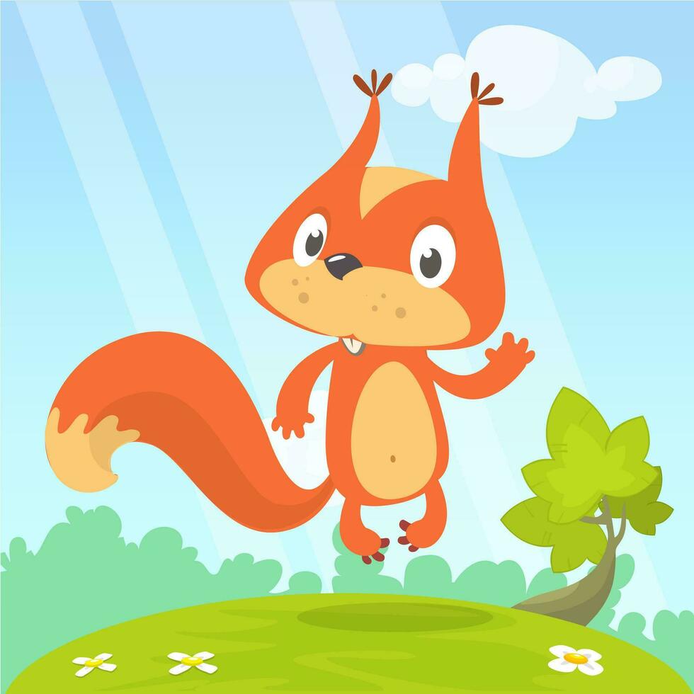 Cute cartoon jumping squirrel in playful mood. Vector illustration isolated