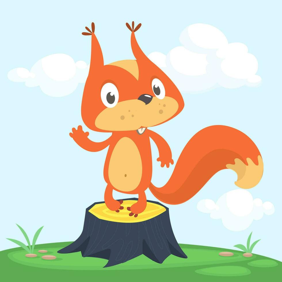 Cute cartoon jumping squirrel in playful mood. Vector illustration isolated
